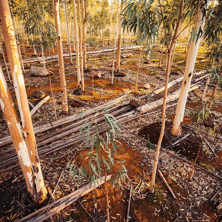 Eucalyptus grove at sunrise, peeling bark and silver leaves | ShopAyahuascaRetreats