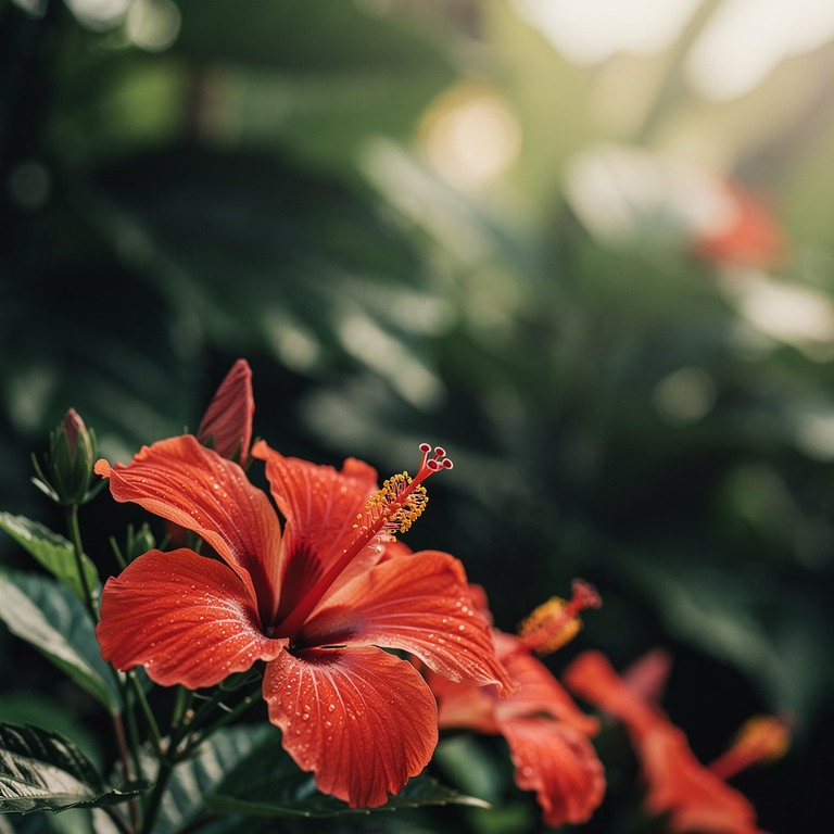 Hibiscus flowers in vivid red against deep green foliage | ShopAyahuascaRetreats