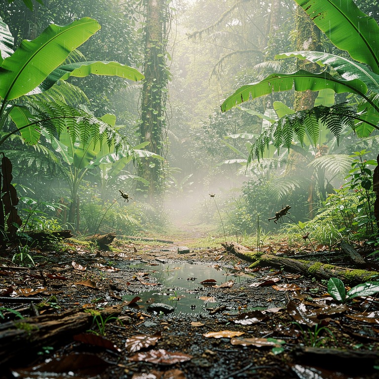 Jungle clearing after heavy rain, steam rising from leaf lit... | ShopAyahuascaRetreats