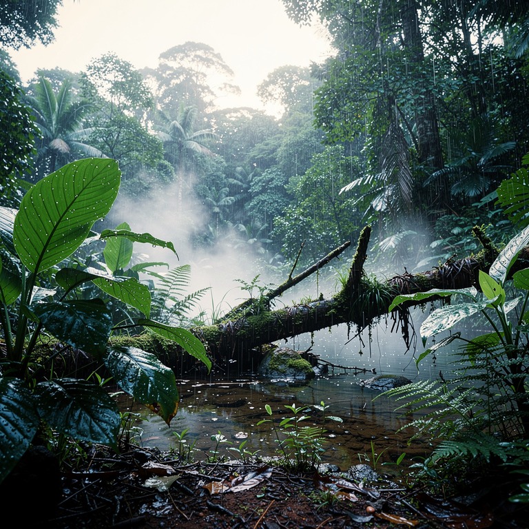 Jungle clearing after heavy rain, steam rising from leaf lit... | ShopAyahuascaRetreats