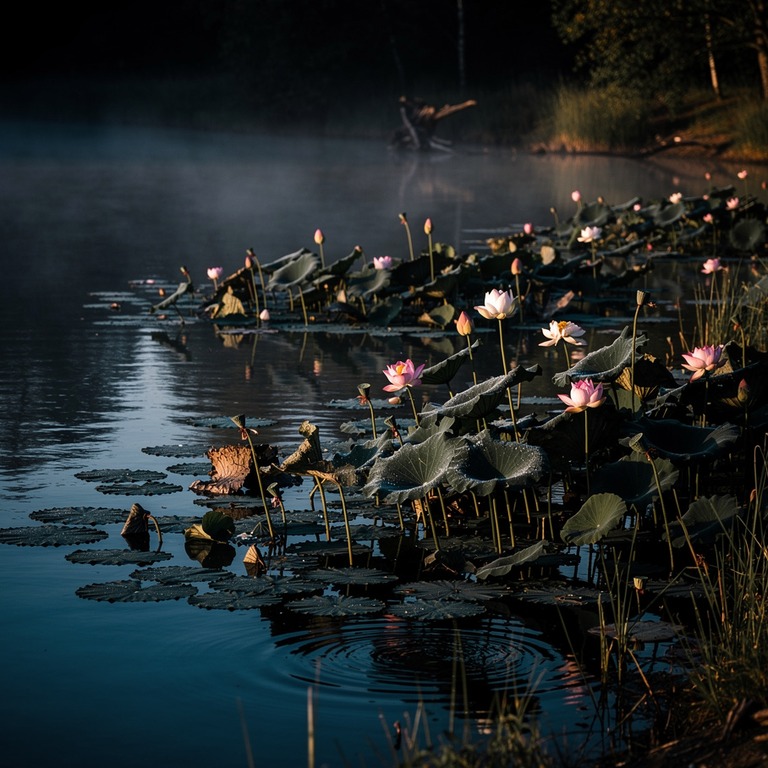 Lagoon at dawn with lily pads and lotus flowers | ShopAyahuascaRetreats