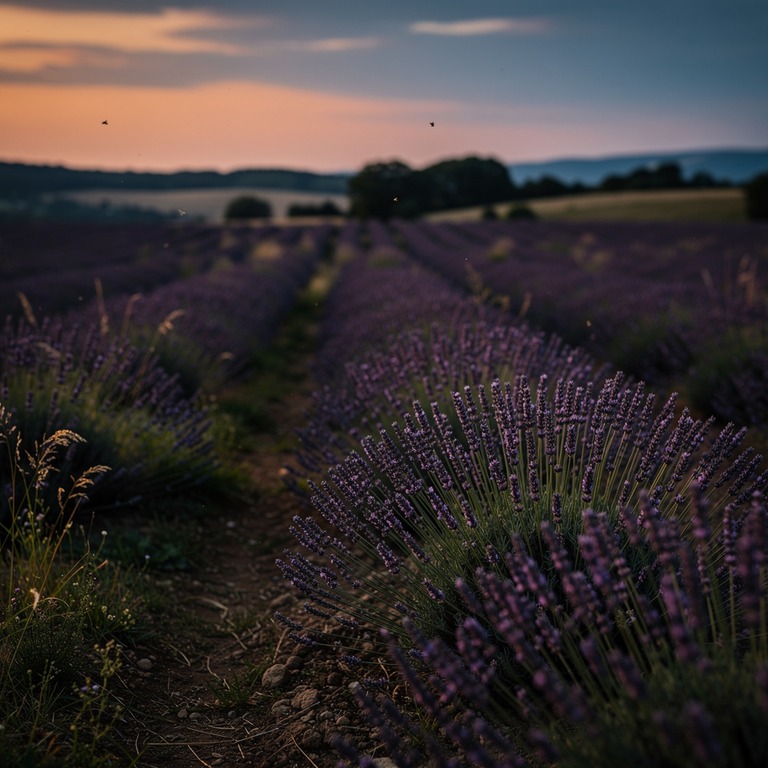 Lavender field at dusk, rows fading into soft purple haze | ShopAyahuascaRetreats