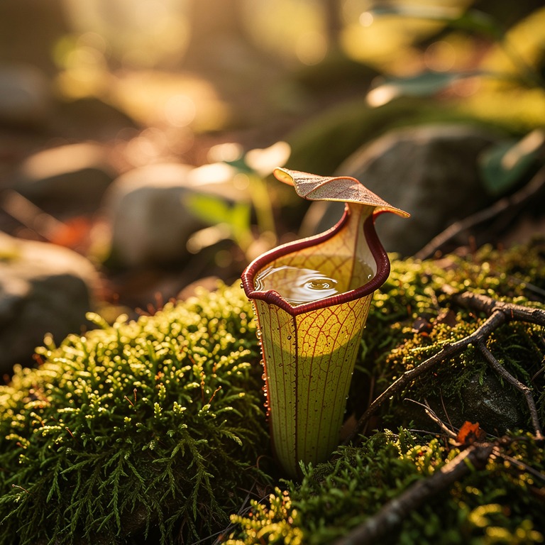 Pitcher plant nestled in moss, water collected inside the cu... | ShopAyahuascaRetreats