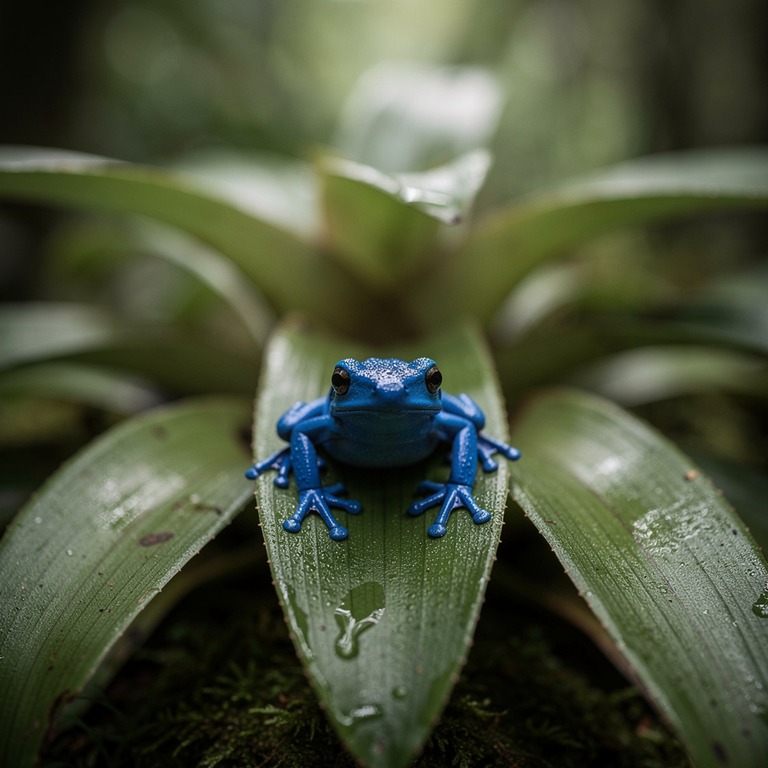 Poison dart frog on a bromeliad leaf, vibrant blue against g... | ShopAyahuascaRetreats