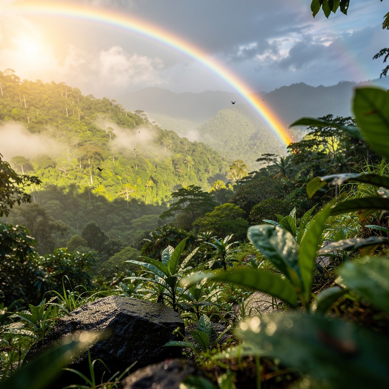 Rainbow arching over a misty rainforest valley after a storm | ShopAyahuascaRetreats