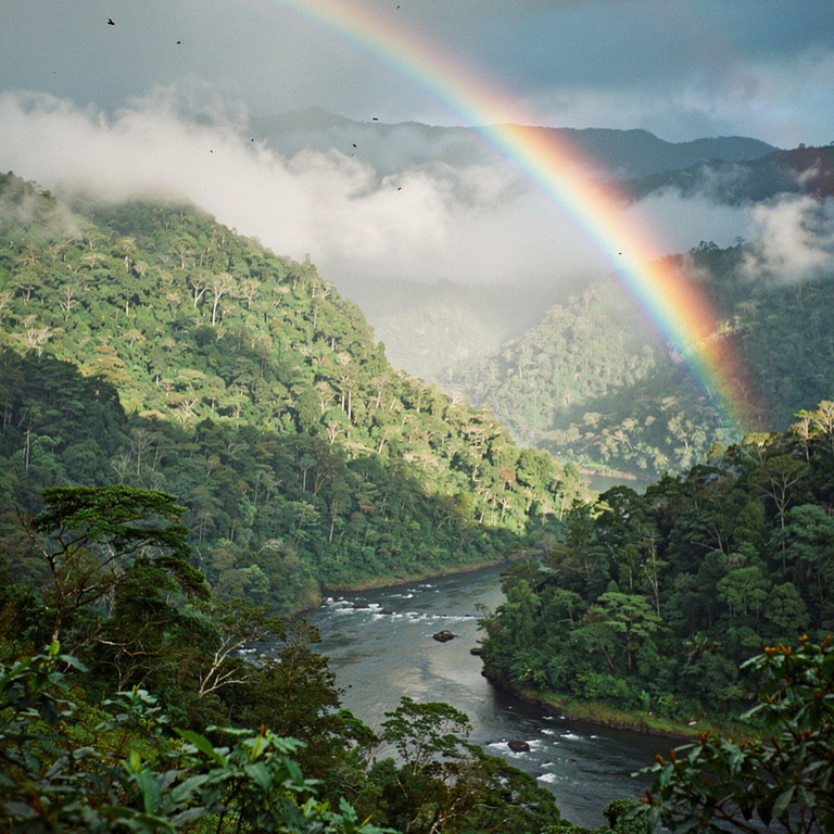 Rainbow arching over a misty rainforest valley after a storm | ShopAyahuascaRetreats
