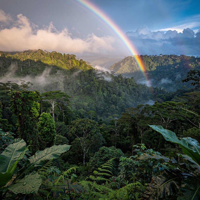 Rainbow arching over a misty rainforest valley after a storm | ShopAyahuascaRetreats