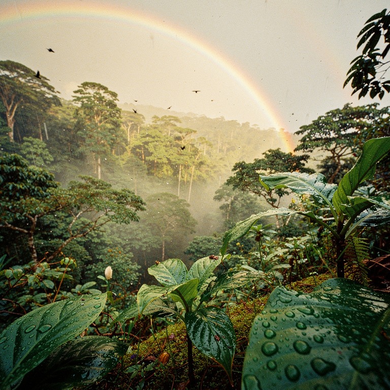 Rainbow arching over a misty rainforest valley after a storm | ShopAyahuascaRetreats