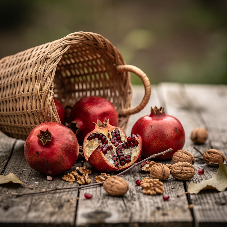 Ripened pomegranates and fresh walnuts spill out of a woven ... | ShopAyahuascaRetreats