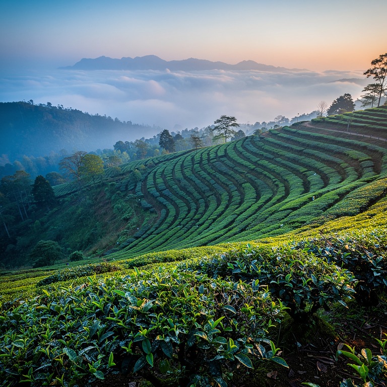 Tea plantation terraces with bright green new leaves, mounta... | ShopAyahuascaRetreats