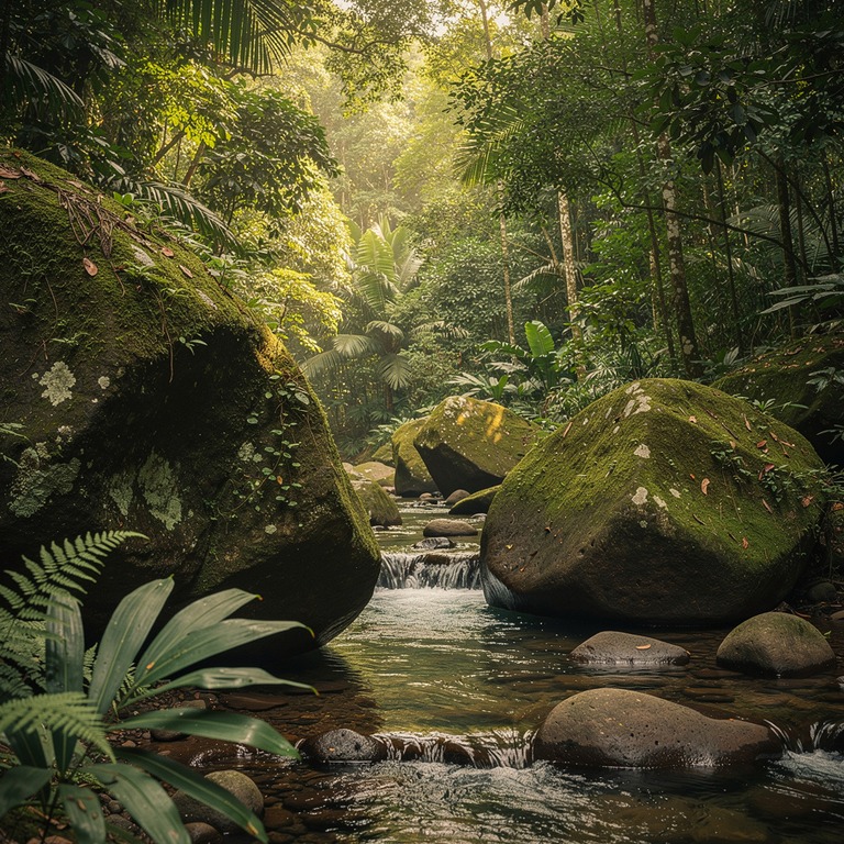 Tropical creek winding between moss-covered boulders, jungle... | ShopAyahuascaRetreats
