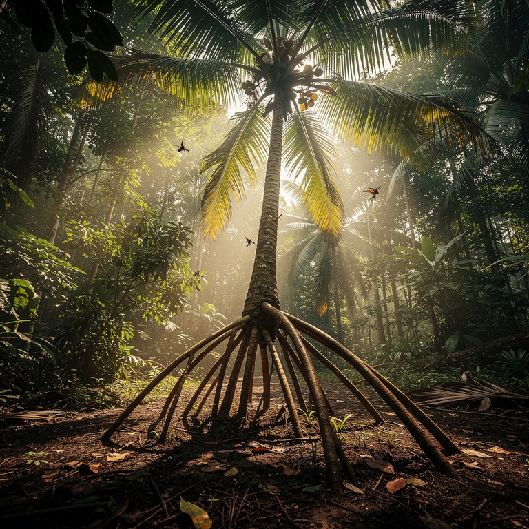 Walking palm tree with stilted exposed roots, low jungle lig... | ShopAyahuascaRetreats