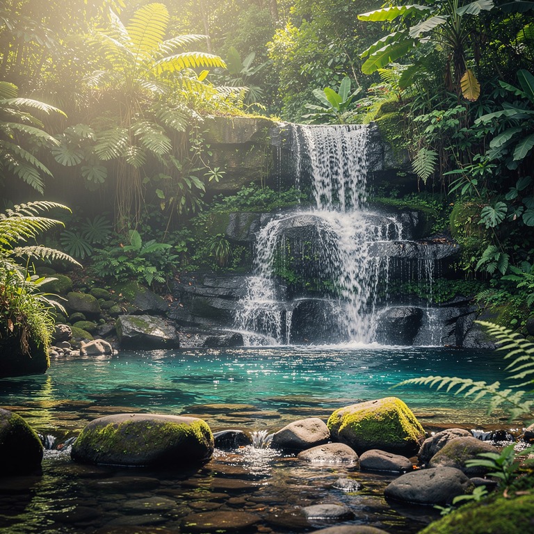 Waterfall cascading through ferns and moss-covered stones | ShopAyahuascaRetreats