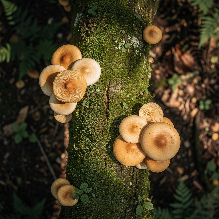 Wild mushrooms scattered on a mossy log, dappled forest ligh... | ShopAyahuascaRetreats