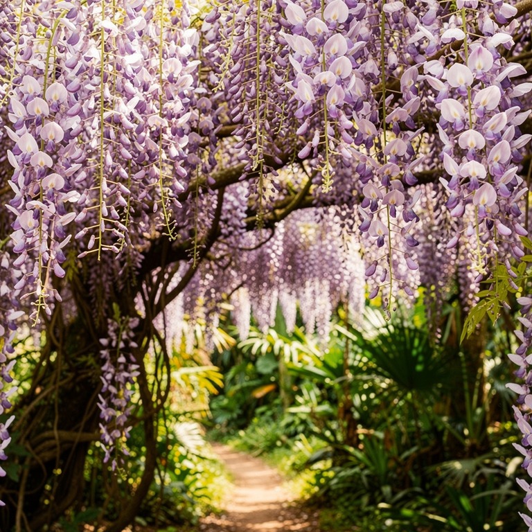 Wisteria vines hanging in heavy purple curtains over a jungl... | ShopAyahuascaRetreats