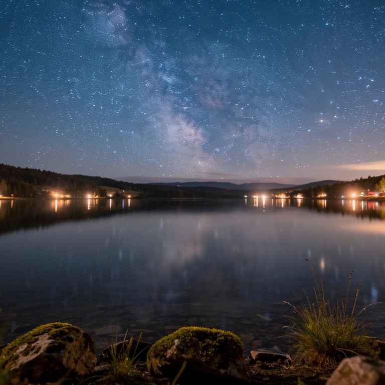 A breathtaking, star-filled night sky over a tranquil lake, ... | ShopAyahuascaRetreats