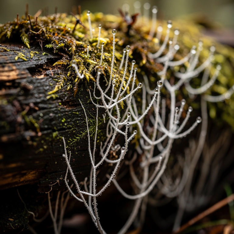 A close-up of mycelium growing on a moss-covered log, with d... | ShopAyahuascaRetreats
