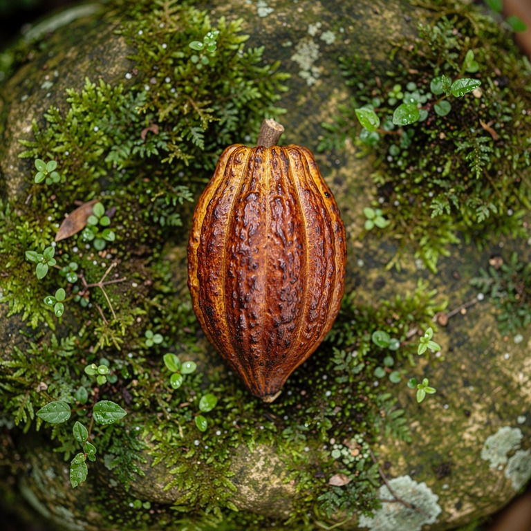 A delicate, isolated cacao pod on a moss-covered stone, with... | ShopAyahuascaRetreats