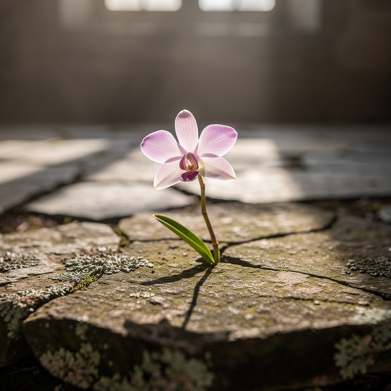 A delicate, solitary orchid bloom on weathered stone, backli... | ShopAyahuascaRetreats
