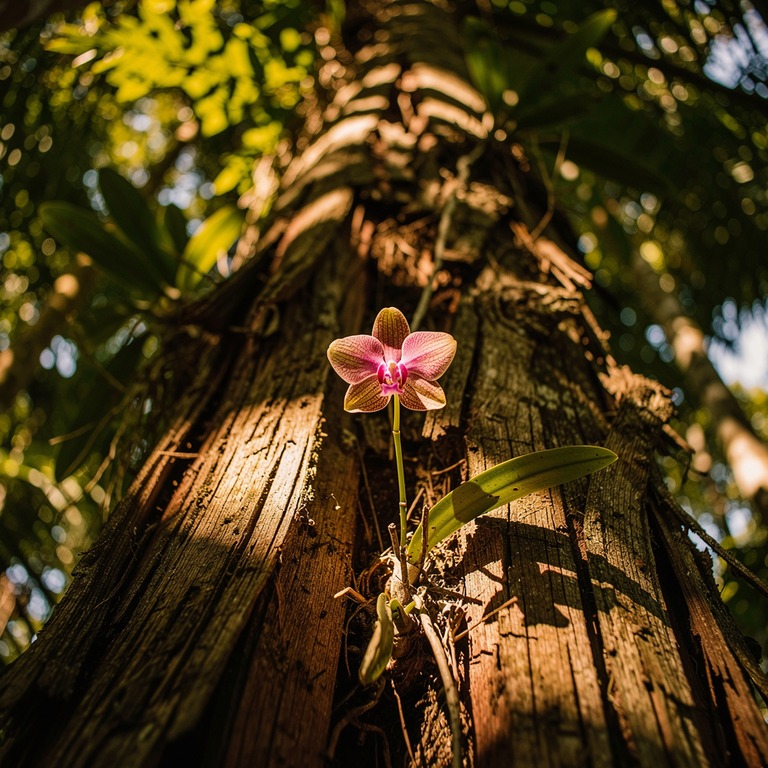 A delicate, solitary orchid blooming on the bark of a ancien... | ShopAyahuascaRetreats