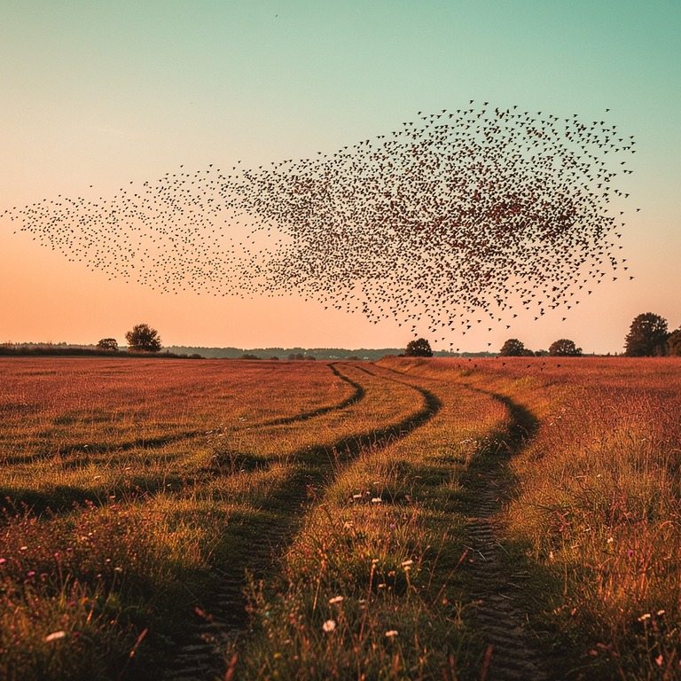 A flock of starlings flying together in unison at sunrise ov... | ShopAyahuascaRetreats