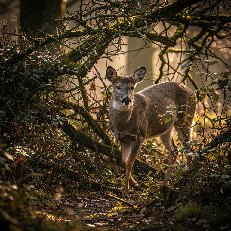 A lone, wary deer steps cautiously through a dense thicket o... | ShopAyahuascaRetreats