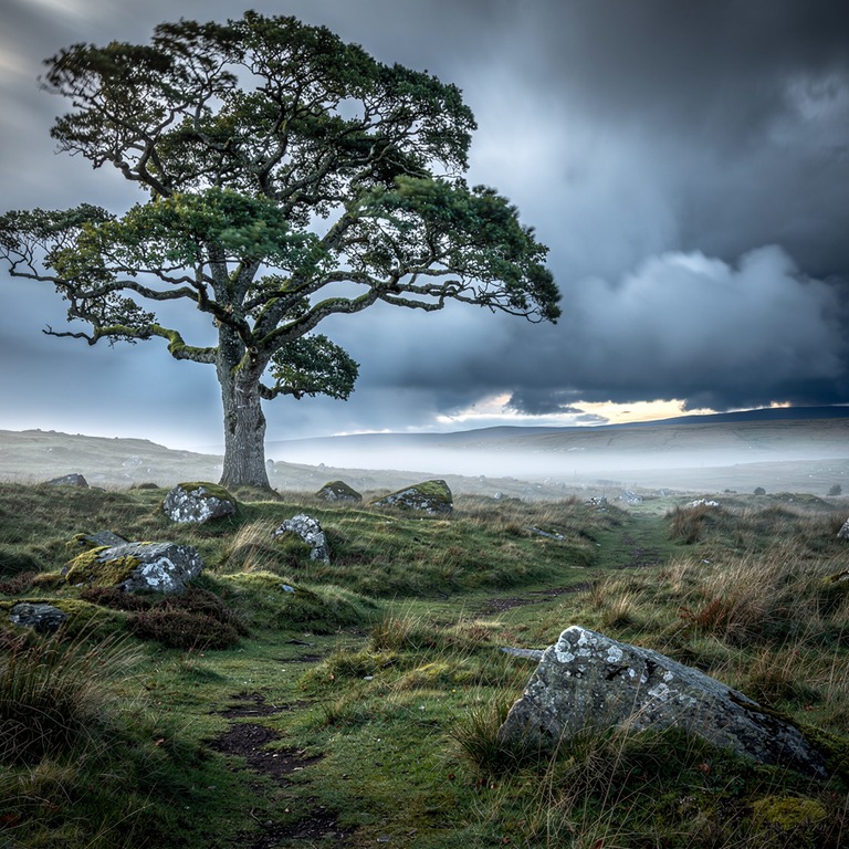 A majestic ancient tree standing alone on a windswept moor, ... | ShopAyahuascaRetreats