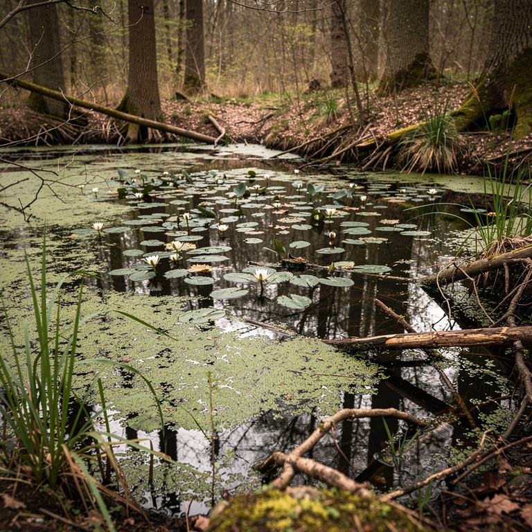 A murky, stagnant pond in a forest, with water lilies and al... | ShopAyahuascaRetreats