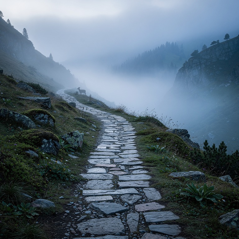A narrow, winding stone path disappears into the misty dista... | ShopAyahuascaRetreats