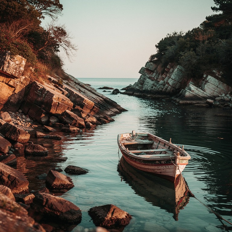 A quiet, secluded cove with a small boat anchored in the sti... | ShopAyahuascaRetreats