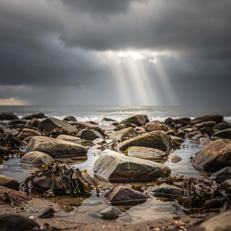 A rocky shoreline at low tide, with a few stray seaweed stra... | ShopAyahuascaRetreats