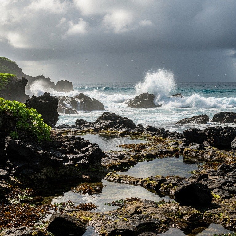 A rugged, rocky shoreline at low tide, with waves crashing a... | ShopAyahuascaRetreats