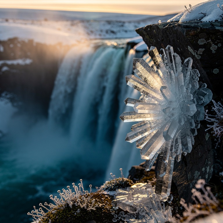 A serene, crystal-like ice formation clings to the rocky edg... | ShopAyahuascaRetreats