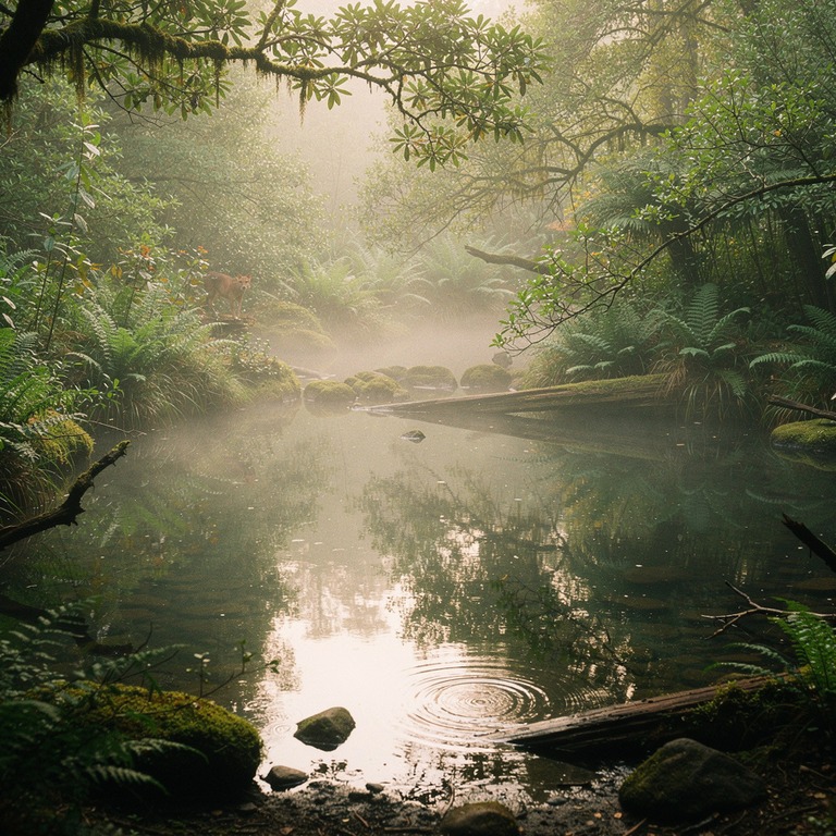 A serene, misty forest pool reflects the vibrant greens of s... | ShopAyahuascaRetreats
