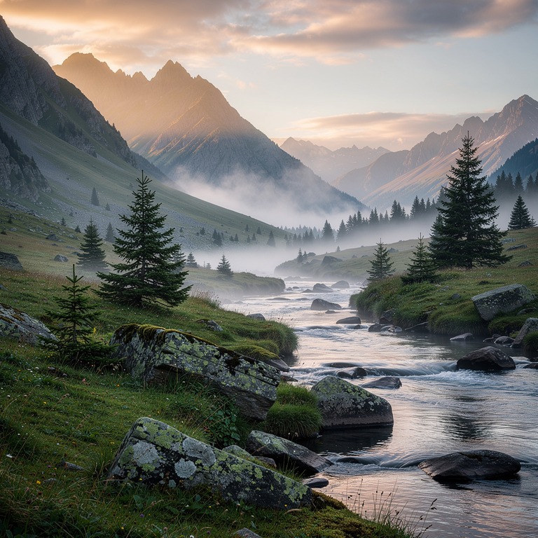 A serene mountain valley at dawn, with mist still rising fro... | ShopAyahuascaRetreats