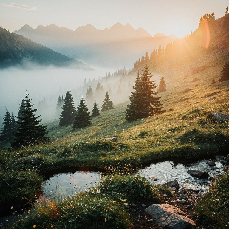 A serene mountain valley at dawn, with misty fog rolling in ... | ShopAyahuascaRetreats