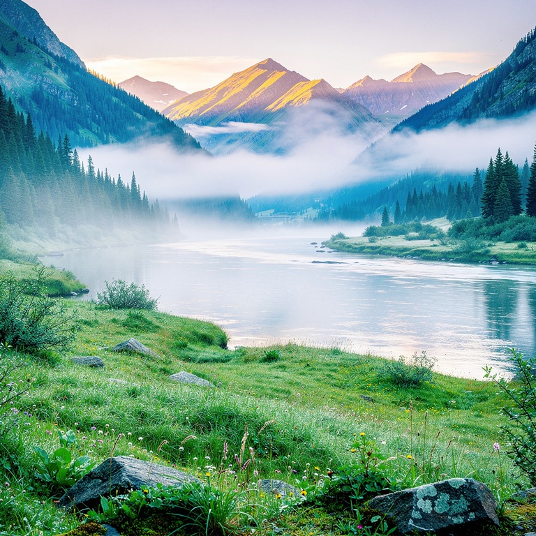 A serene mountain valley at dawn with misty fog rolling in, ... | ShopAyahuascaRetreats