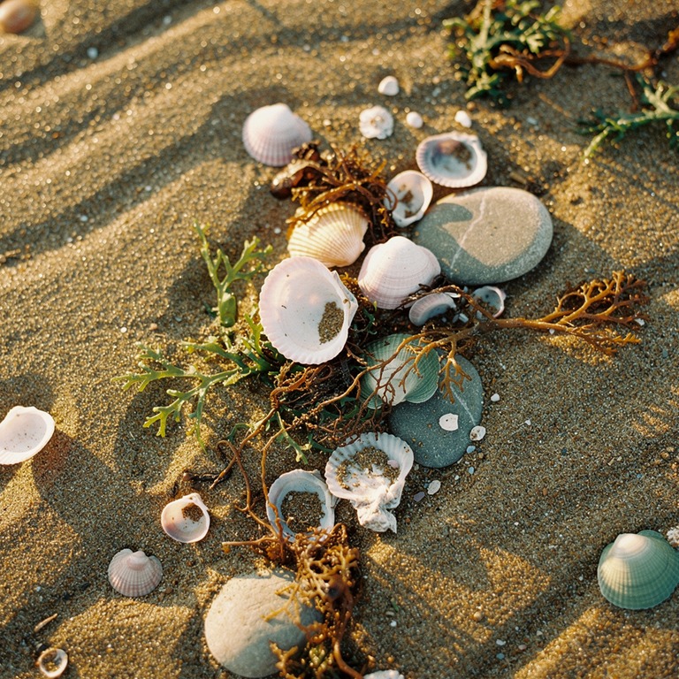 A serene, sandy shoreline at low tide, with a variety of she... | ShopAyahuascaRetreats