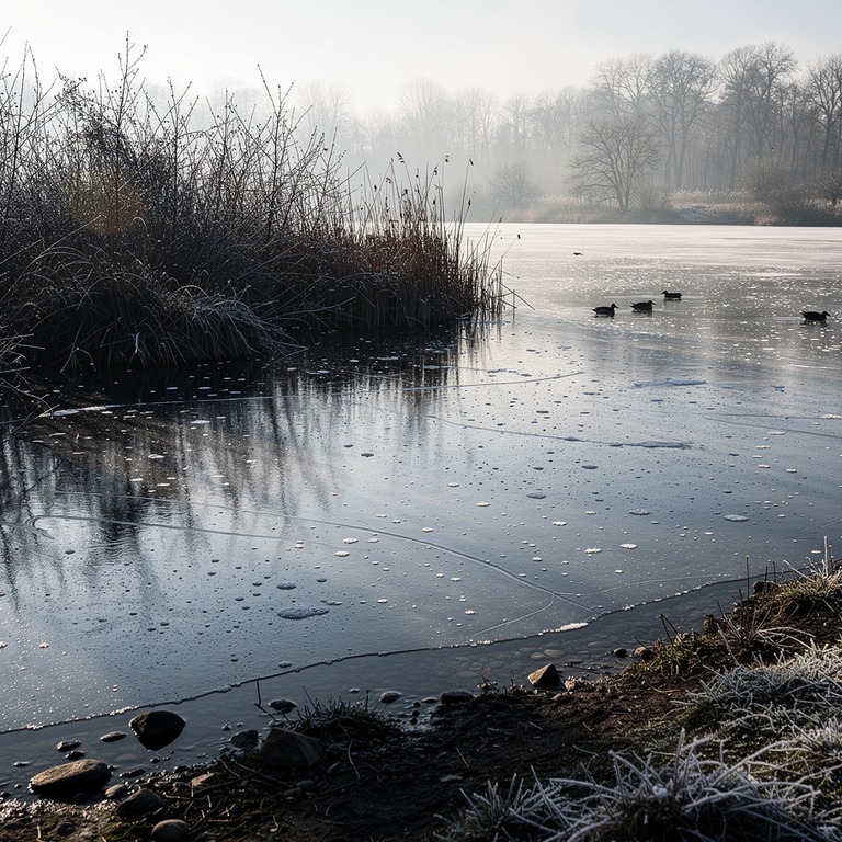 A small, serene pond with a thin layer of ice, reflecting th... | ShopAyahuascaRetreats