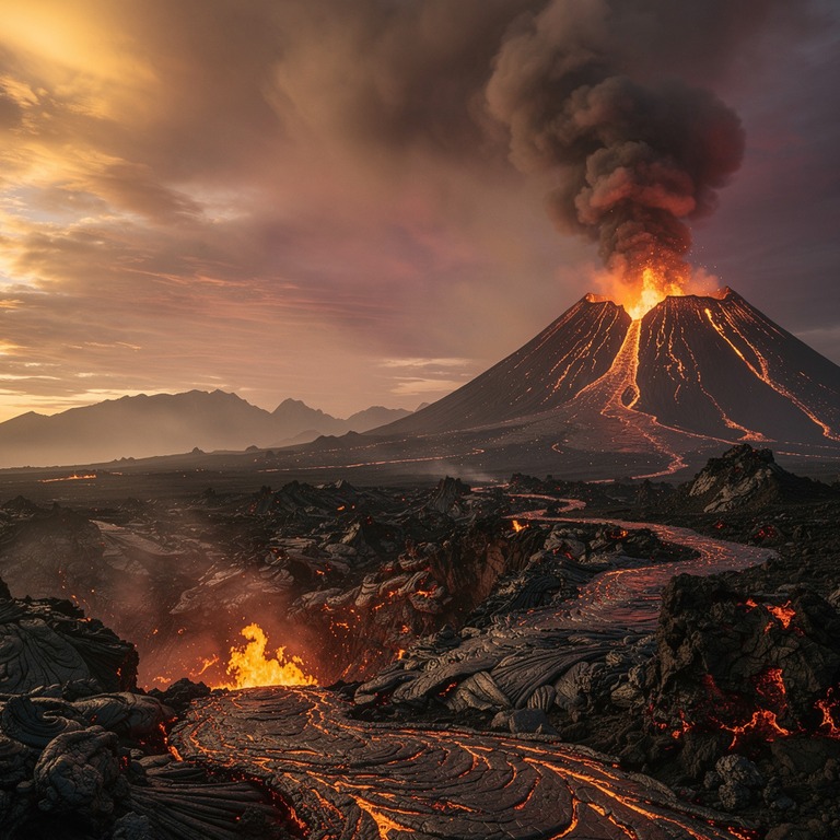 A solitary, eerie volcano at sunset, with lava flows and smo... | ShopAyahuascaRetreats