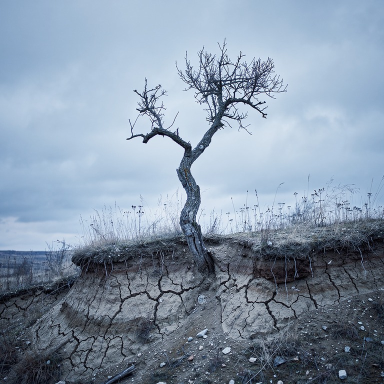 A solitary, twisted tree growing out of a cracked clay hills... | ShopAyahuascaRetreats