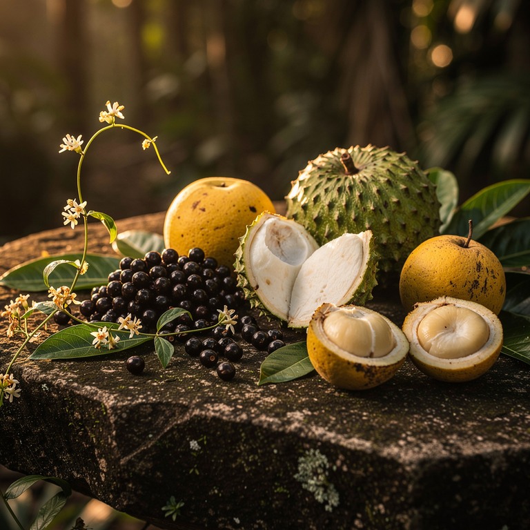A still life of various Amazonian fruits, including acai ber... | ShopAyahuascaRetreats