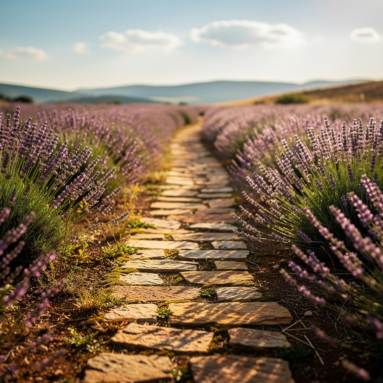 A sunny stone path winding through a lavender field, evoking... | ShopAyahuascaRetreats
