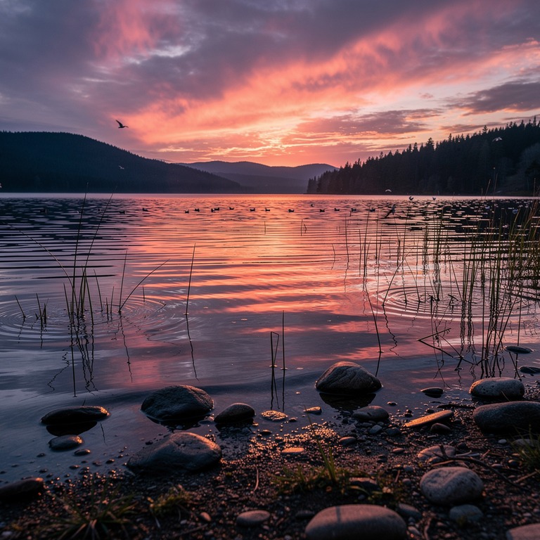 A tranquil lake at sunset, with a few ripples disturbing the... | ShopAyahuascaRetreats