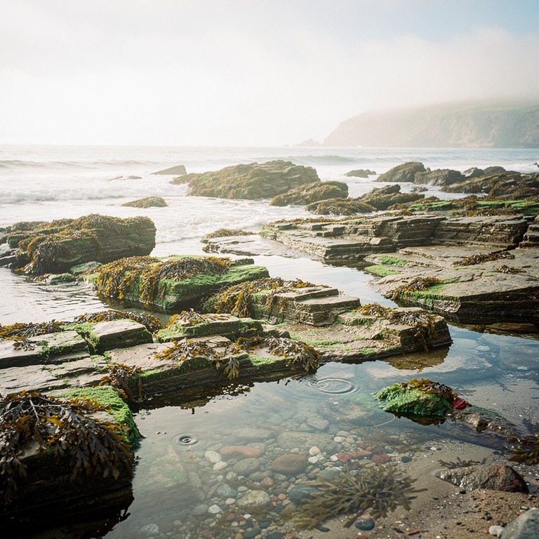 A tranquil ocean cove at low tide, featuring a rugged shorel... | ShopAyahuascaRetreats