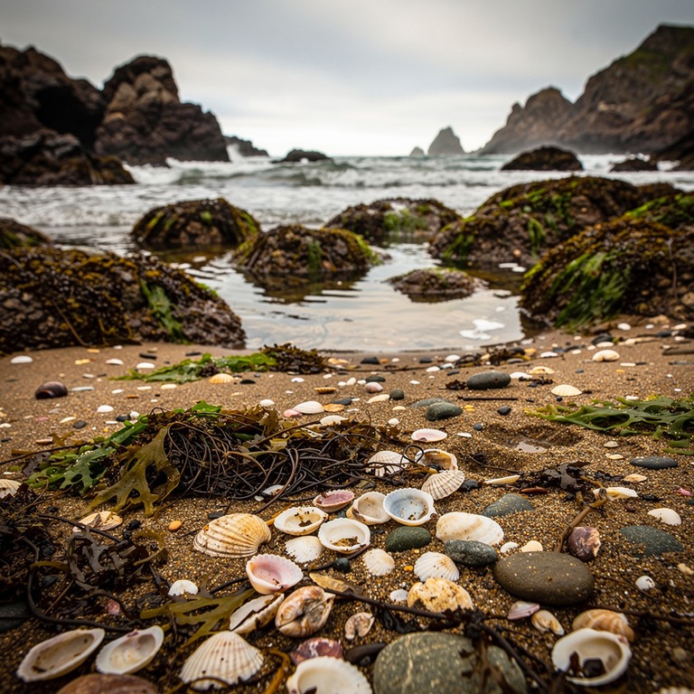 A tranquil seaside cove at low tide, with a scattering of sh... | ShopAyahuascaRetreats