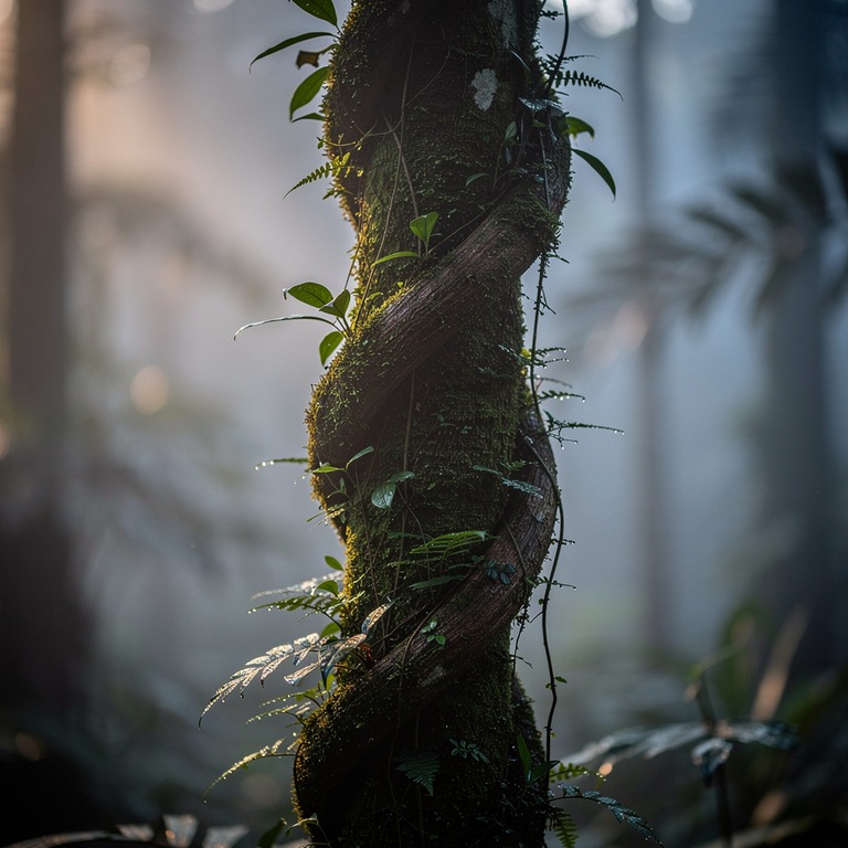 A twisted ayahuasca vine wraps around a moss-covered tree tr... | ShopAyahuascaRetreats