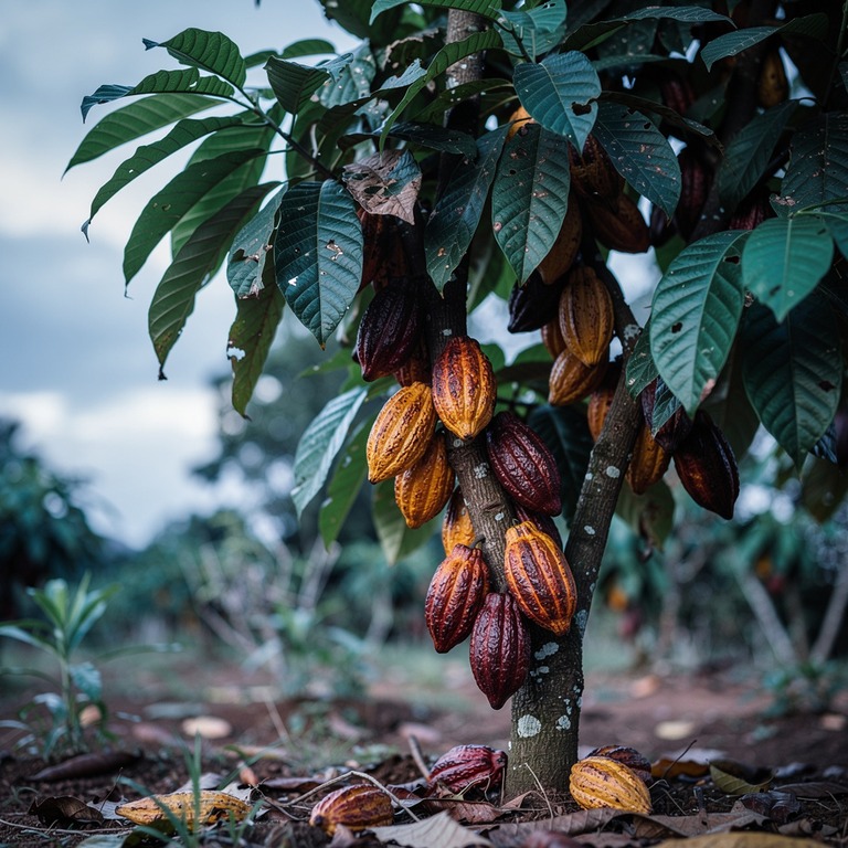 A vibrant, blooming cacao tree, with ripe pods and lush foli... | ShopAyahuascaRetreats