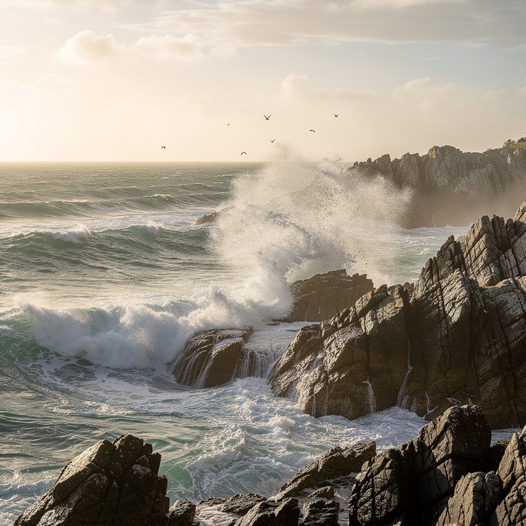 A wave crashes against the rocky shoreline of a rugged, wind... | ShopAyahuascaRetreats