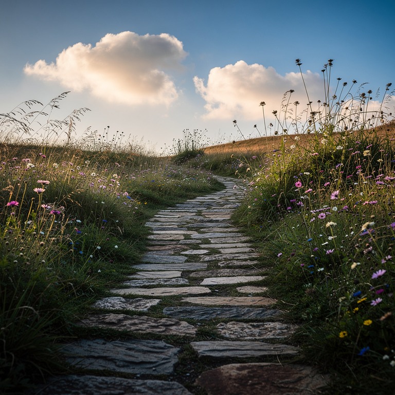A winding stone path leading through a rolling meadow, lined... | ShopAyahuascaRetreats